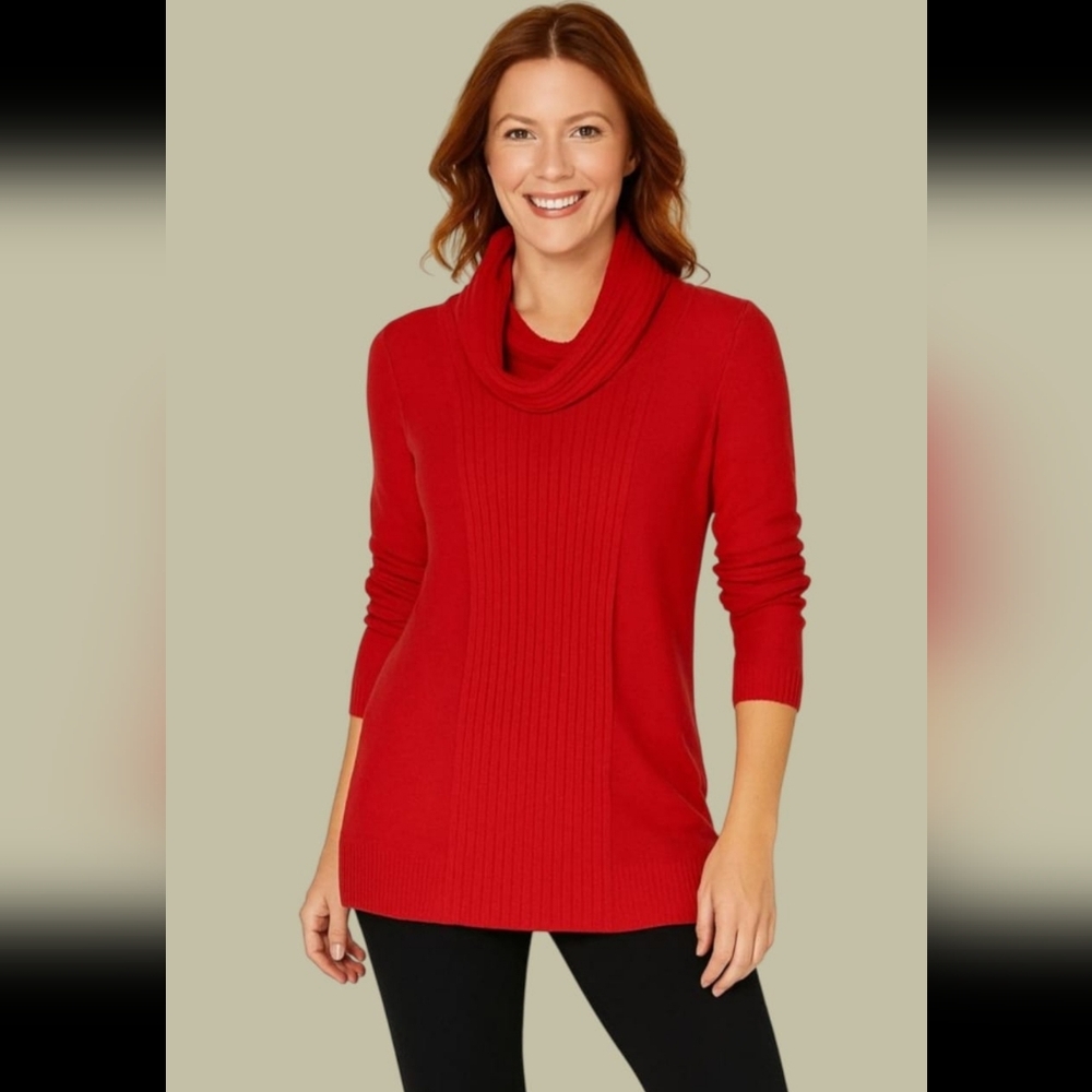 Jones New York Ribbed Knit Cowl Neck Sweater Red Size Large
